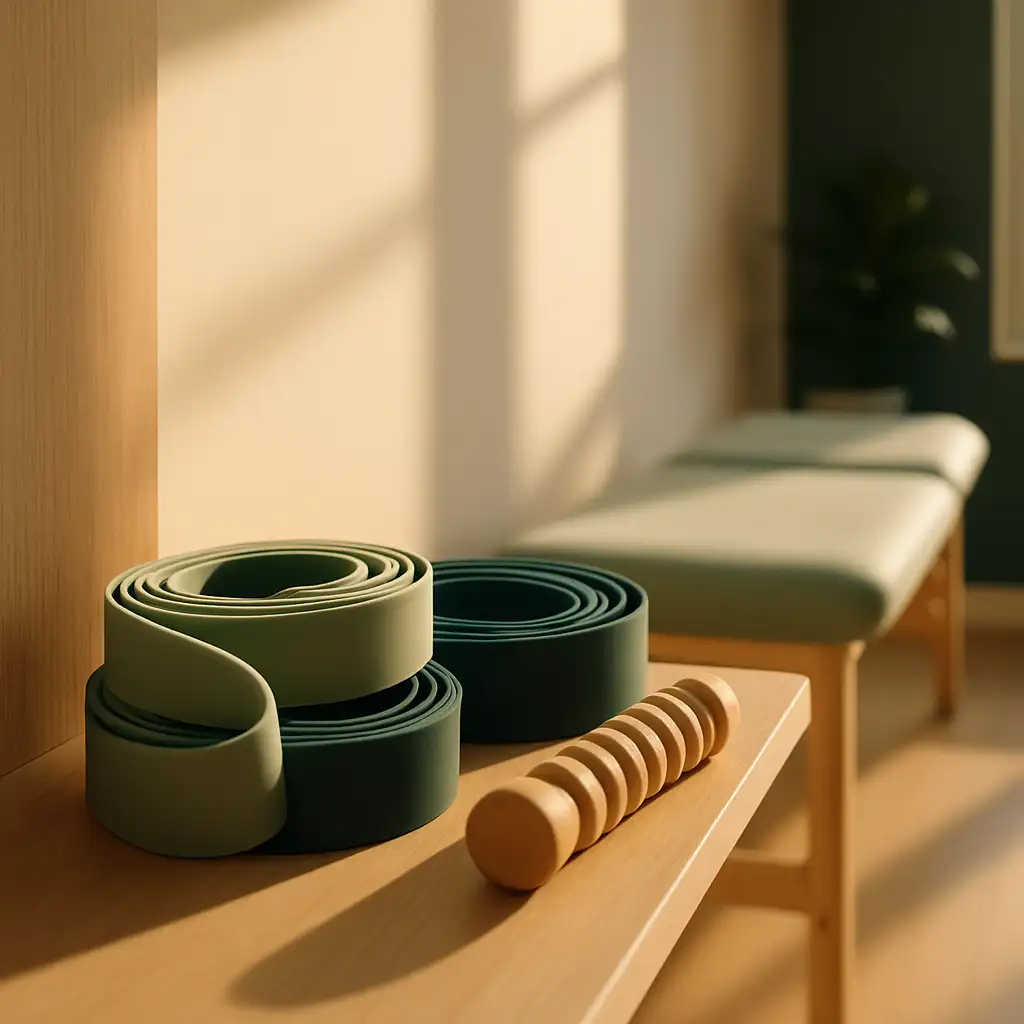 Resistance bands and a timber roller on a shelf