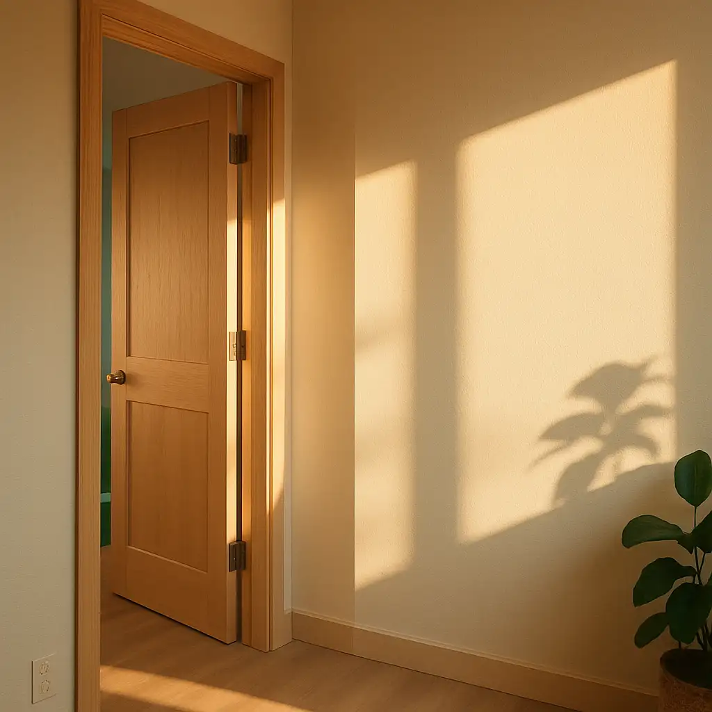 A pale timber clinic door in soft morning light