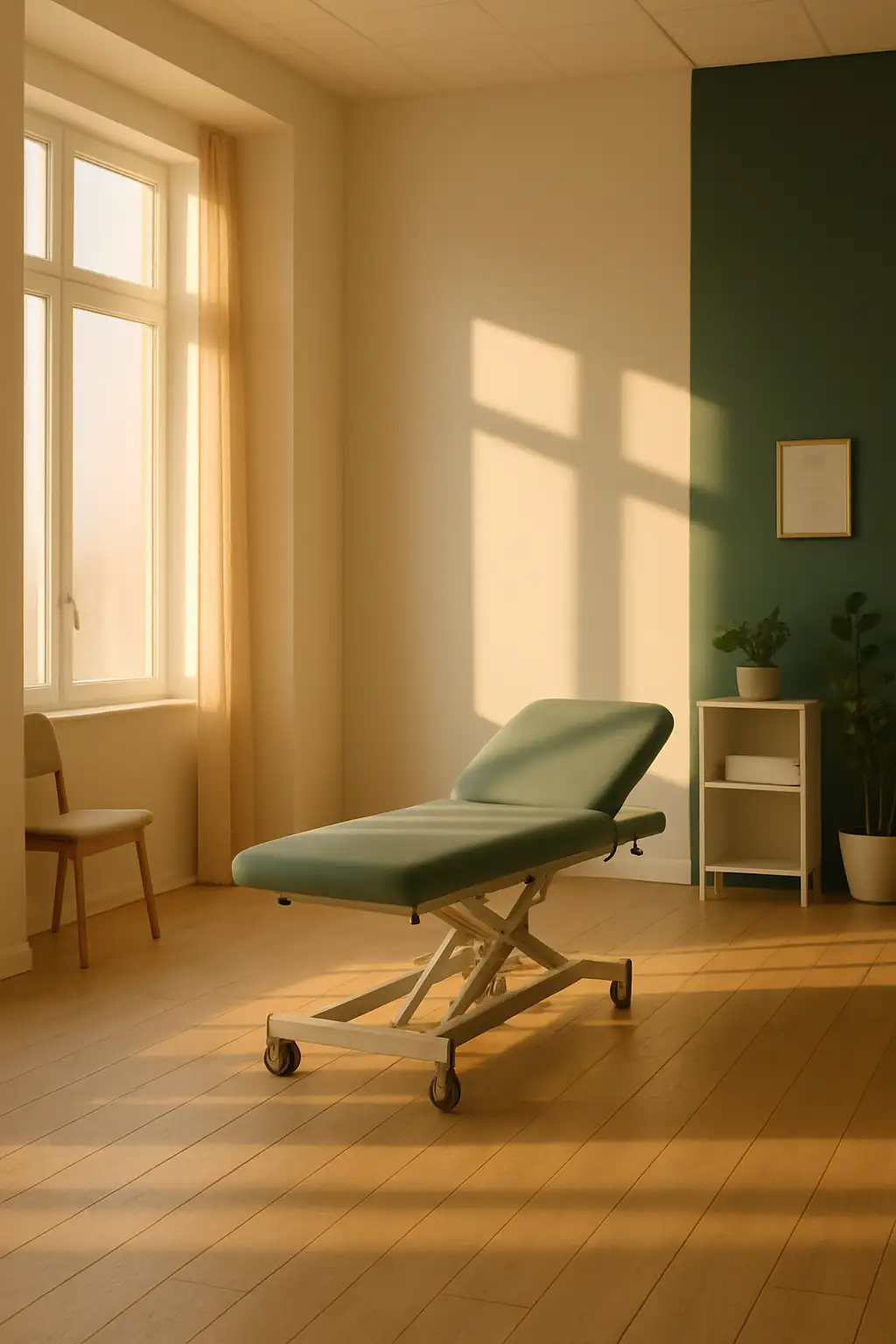 A physiotherapy treatment table in warm morning light